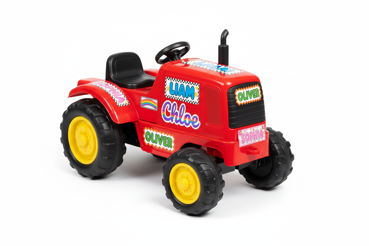 namenssticker auf einem kindertraktor